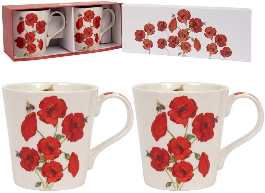 Bee-Tanical poppy mugs set of two with red poppy flowers and bee design