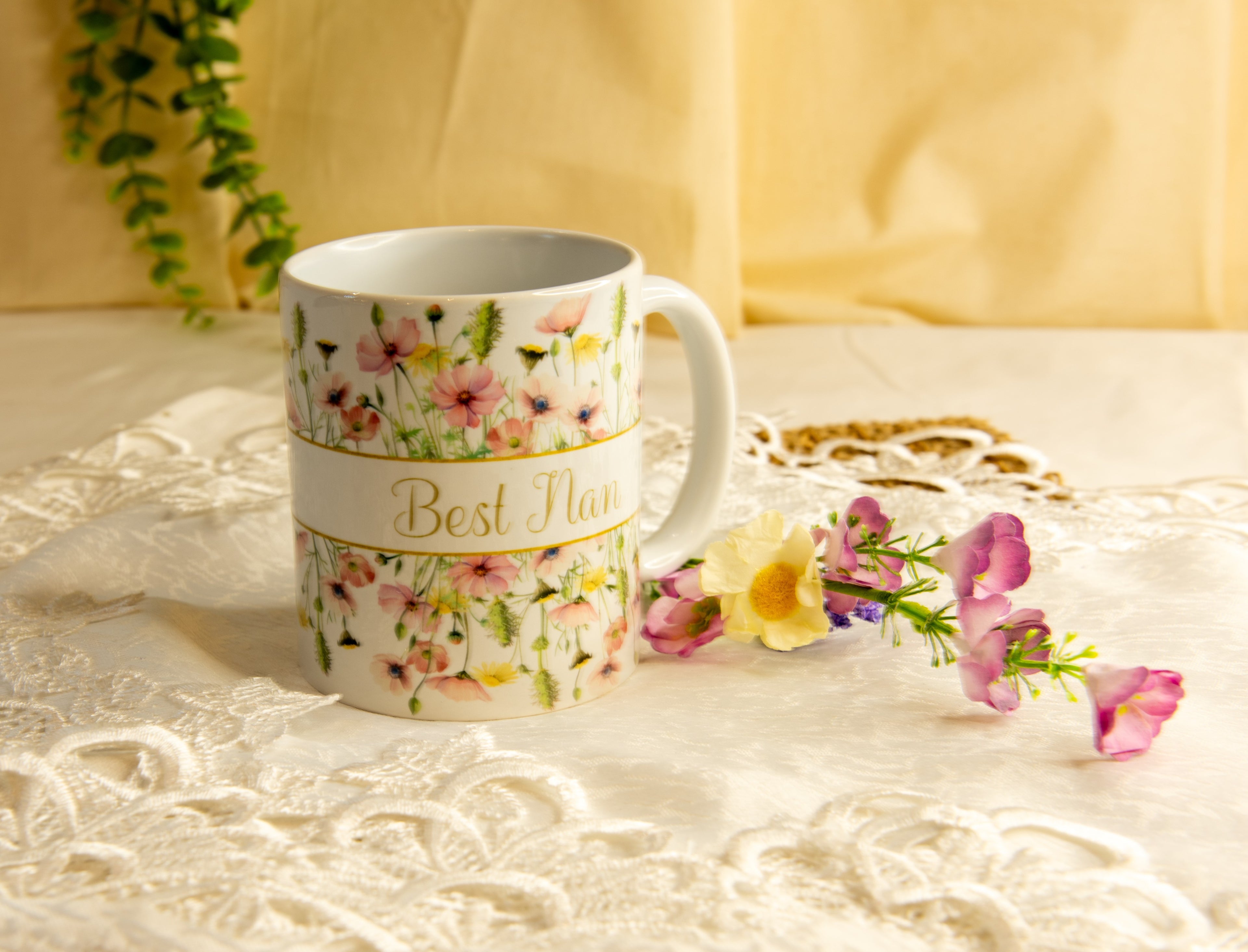 Pastel floral ceramic mug for Nan with delicate flower design, 11oz capacity, gift boxed