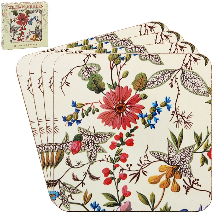 Set of 4 William Kilburn coasters 11cm with white and red floral botanical design