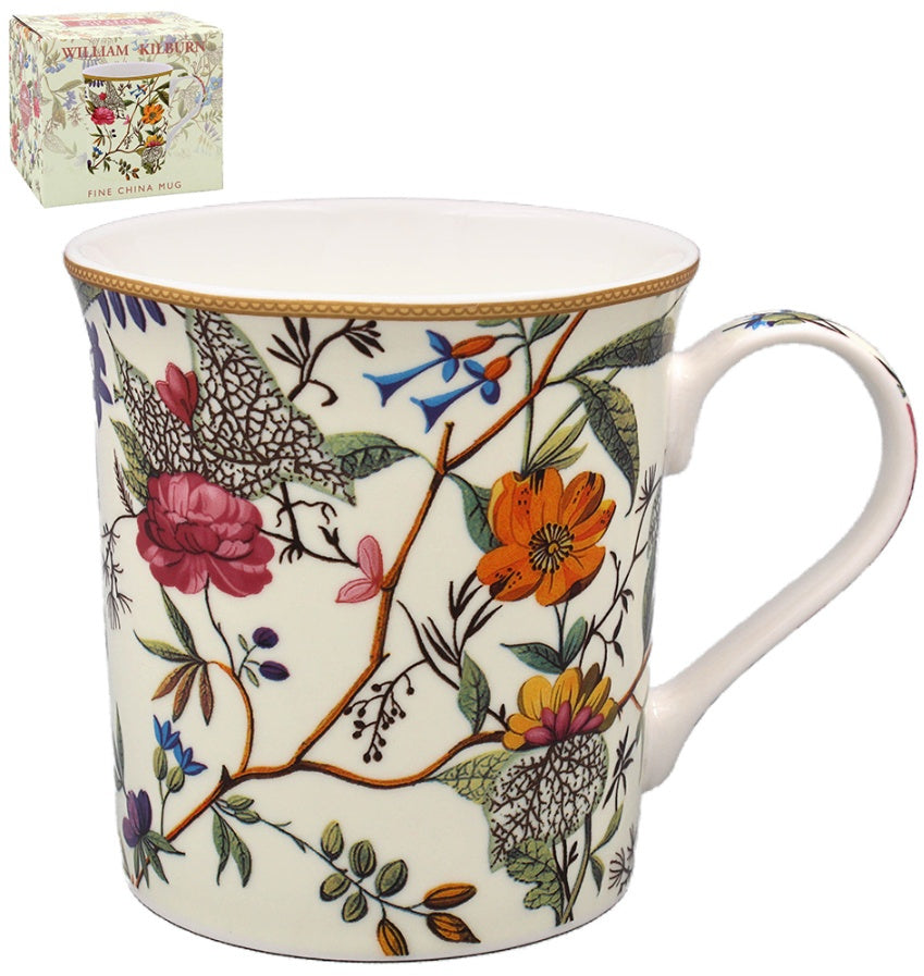 William Kilburn collection mug with white and red floral botanical design