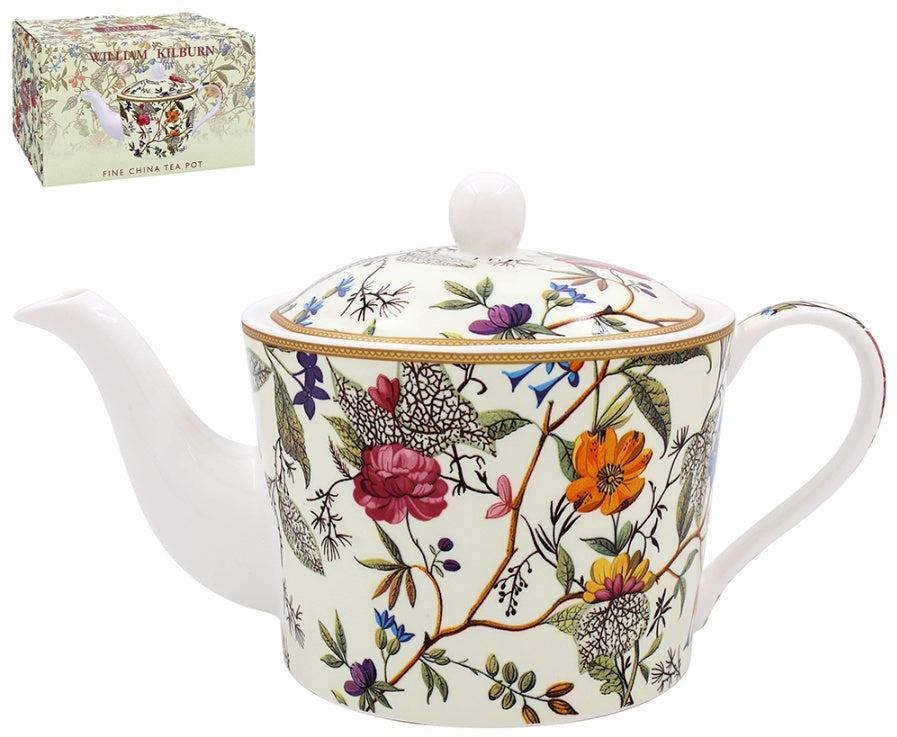 William Kilburn teapot 23cm with white and red floral botanical design